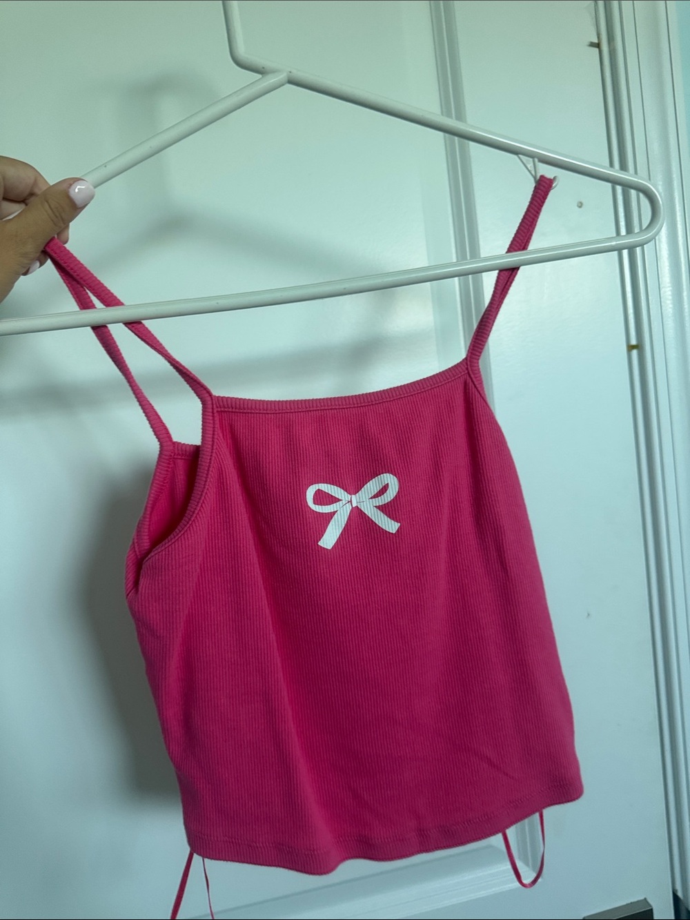 Primark Hot Pink Ribbed Spaghetti Strap Tank with White Bow